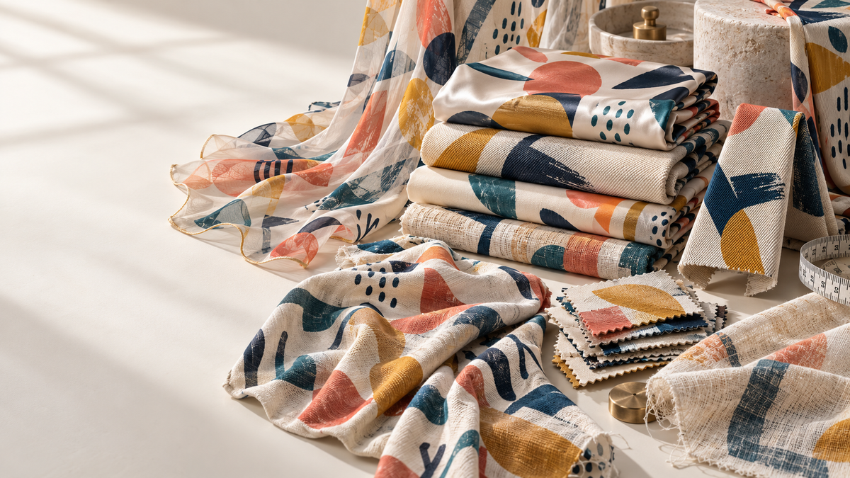 Different custom-printed fabric substrates, including satin, twill, jersey, chiffon, rayon, and muslin, compared by texture, weight, and drape.