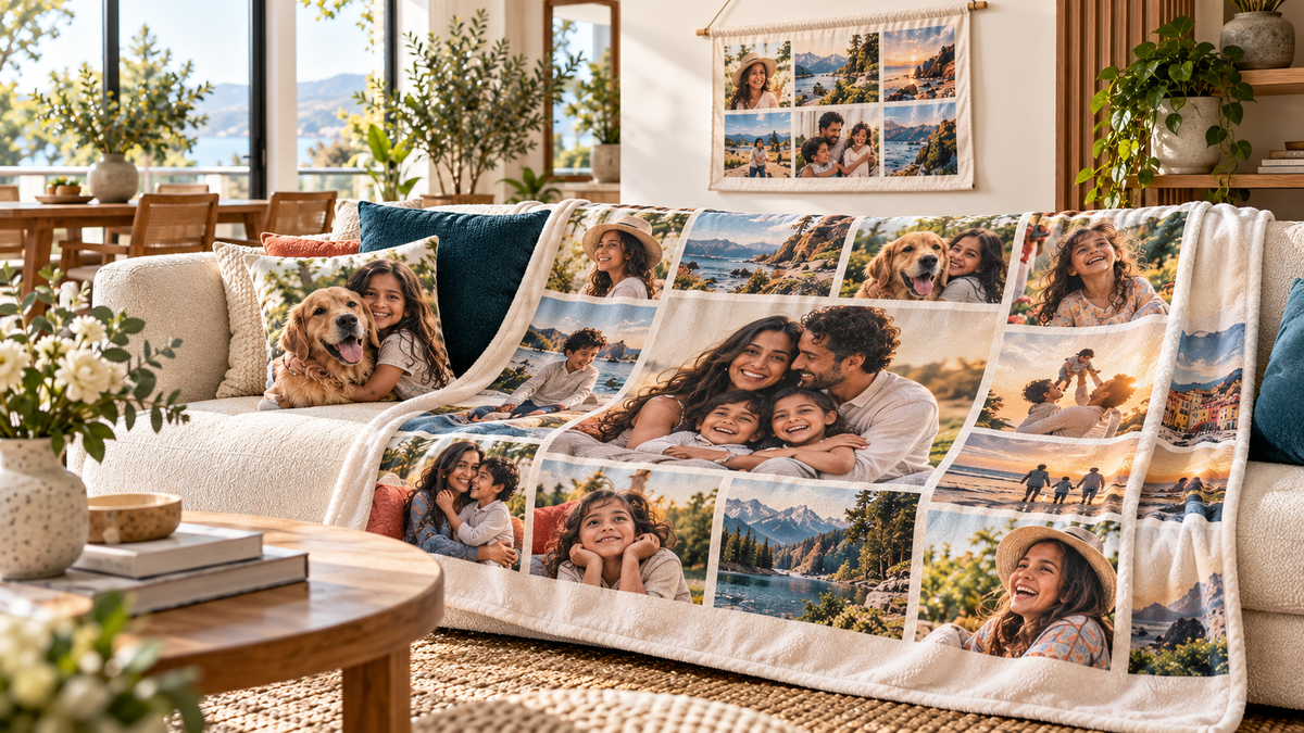 Personalised photo collage blanket styled in a bright Indian living room Right Gifting, customised fabric, customise blankets