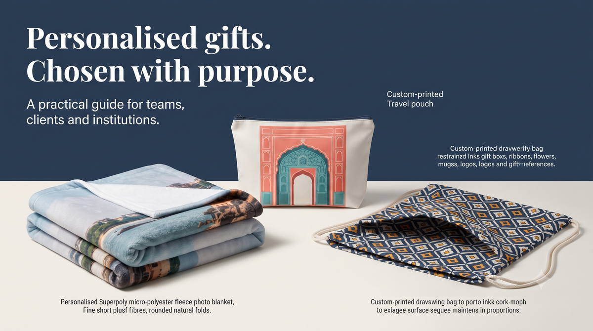 Custom printed travel pouch, drawstring bag and folded photo blanket displaying illustration, geometric artwork and photography.
