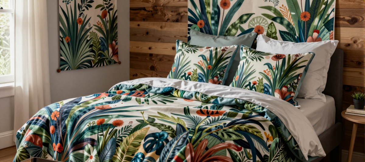 A cozy artist studio showcasing high-end home decor merchandise including a custom-printed illustrated blanket, satin pillows, and a wall tapestry. Right Gifting Custom Fabric Products. ZERO MOQ