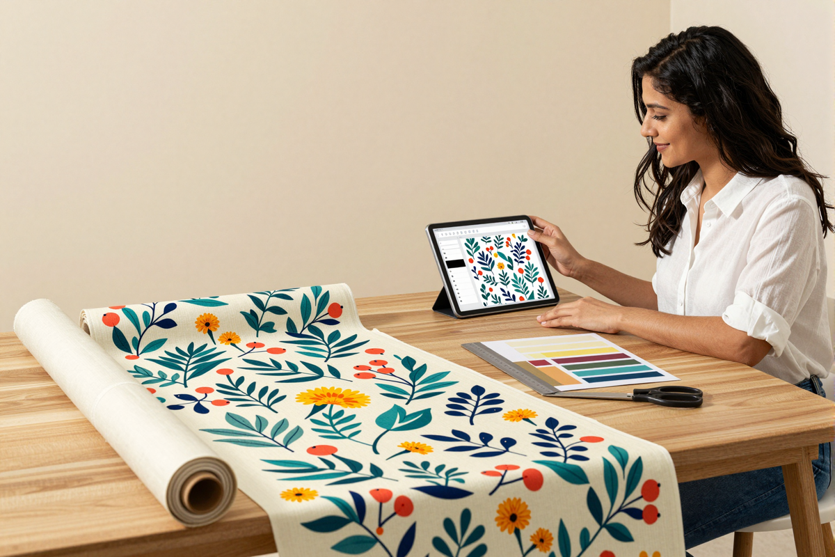 Surface-pattern designer comparing a digital botanical repeat with the same pattern printed on fabric.
