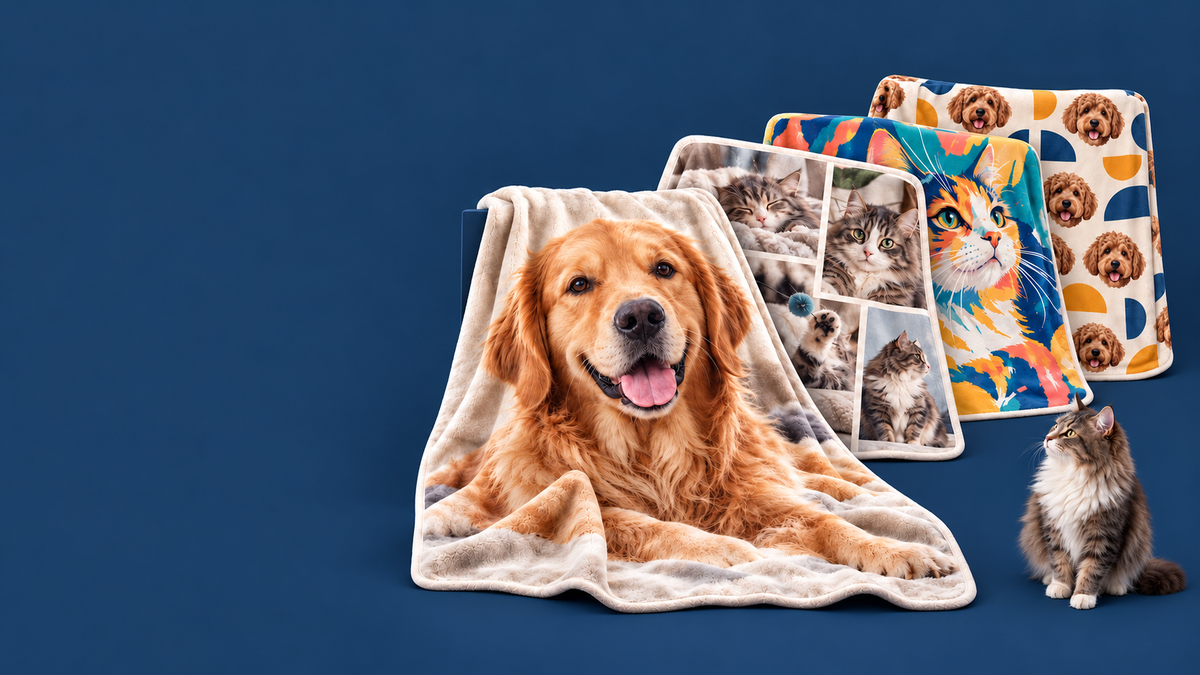 Personalised pet blankets custom printed with pet photos illustrations and patterns