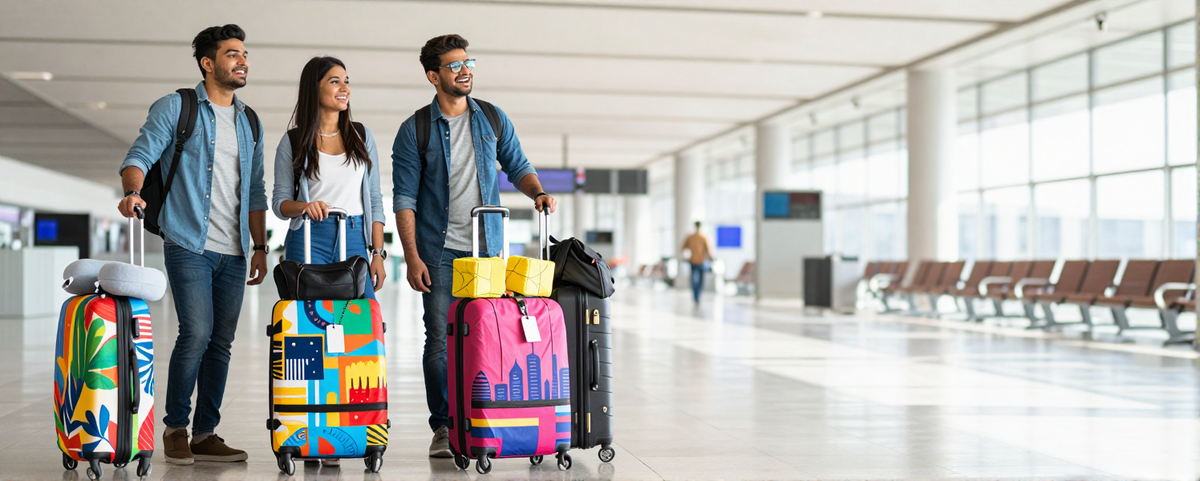 friends in an airport with their custom printed luggage covers, laughing, happy to travel personalized. Custom printed luggage covers, Right Gifting 