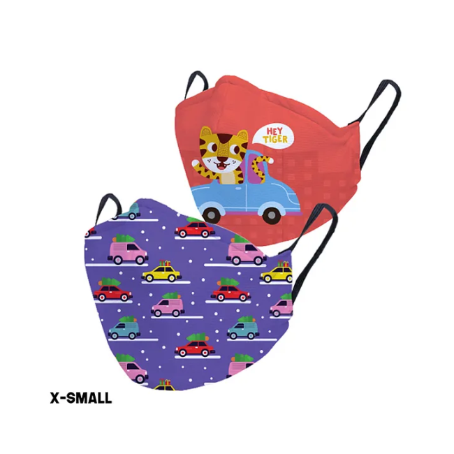 Red Hey Tiger & Purple Cars Kids Personalised Face Mask | Pack of 2