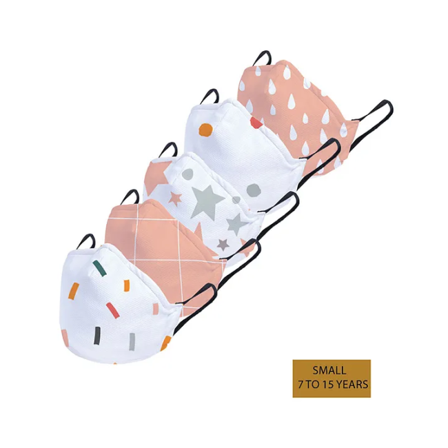 Customised Face Mask Pack of 5 – Peach & White Raindrops, Stars & Confetti Design