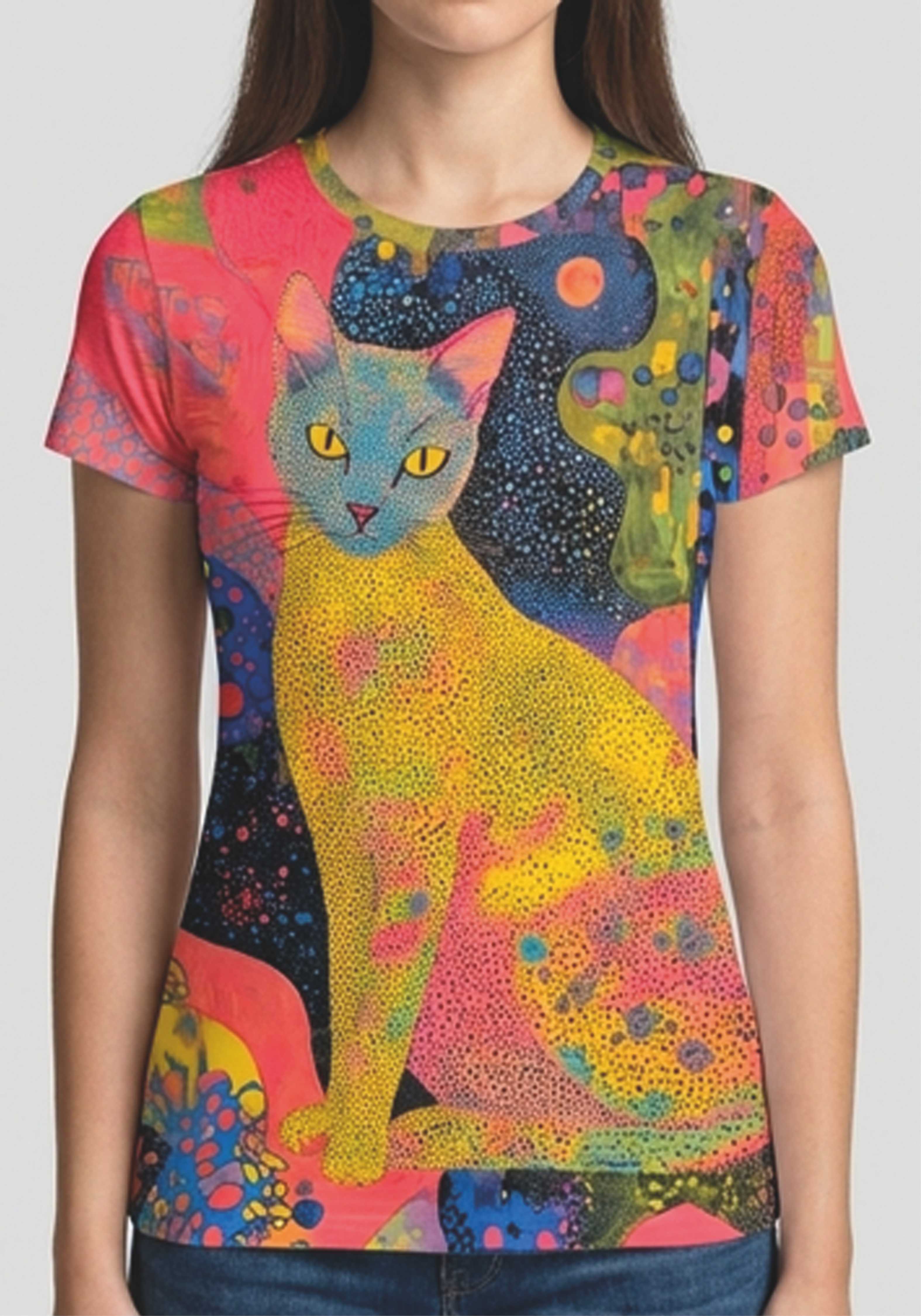 A woman wearing a short-sleeve crewneck t-shirt featuring a vibrant, colorful graphic print of a cat with yellow eyes against a cosmic, abstract background.