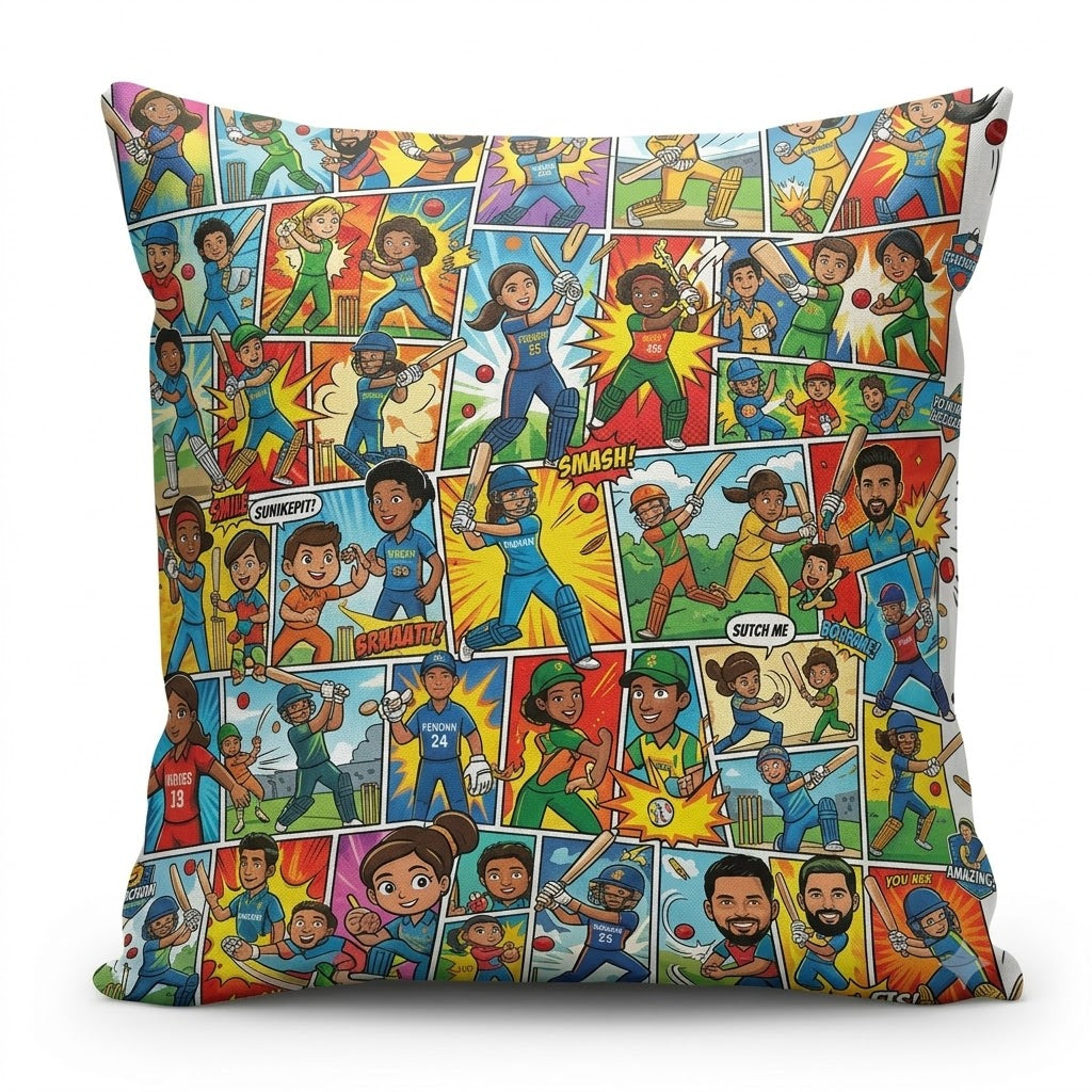 Cricket Comic Collage Square Cushion - Custom Print Satin With Filler