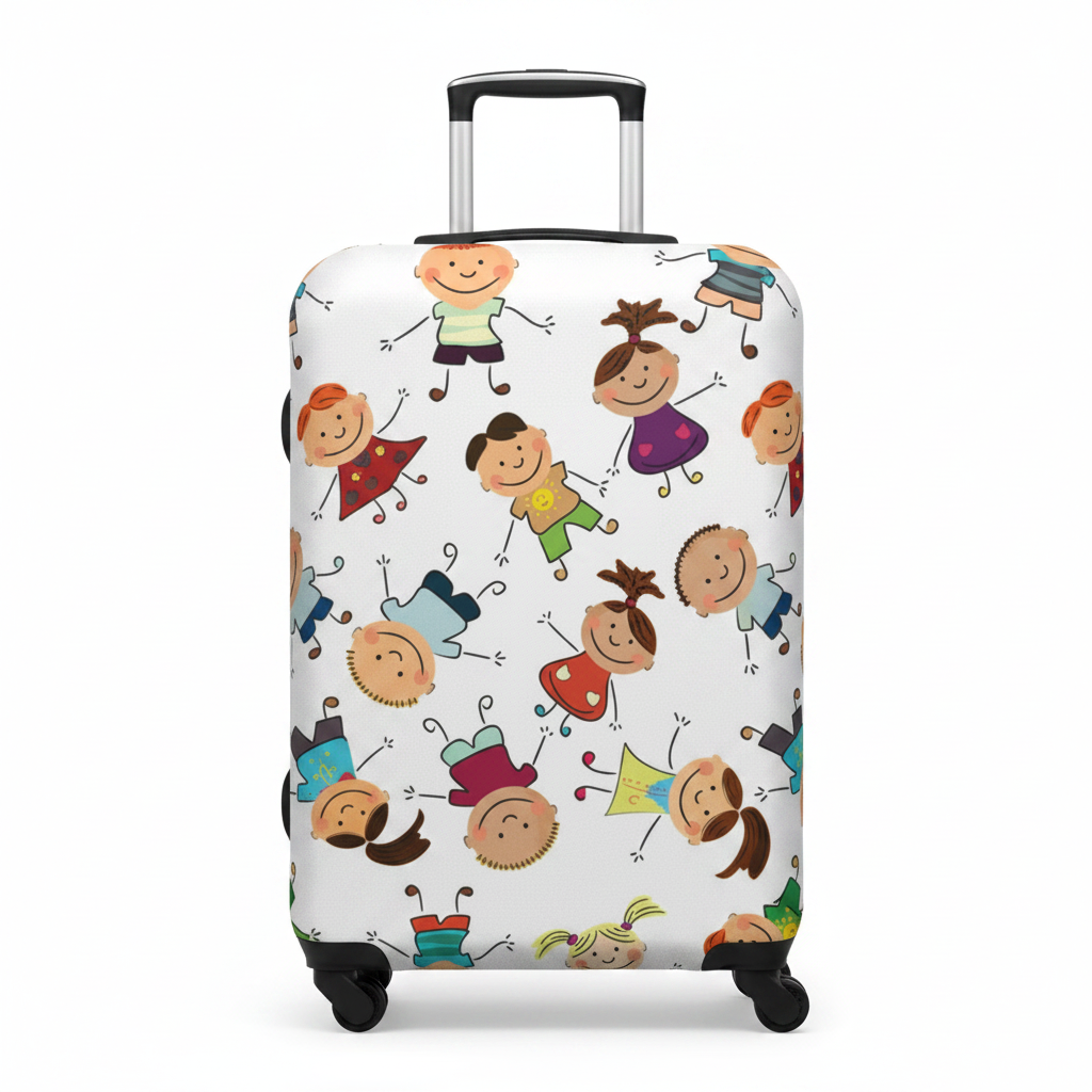 Cute Cartoon Kids Trolley Bag Cover | White Suitcase Cover – Doodle Print