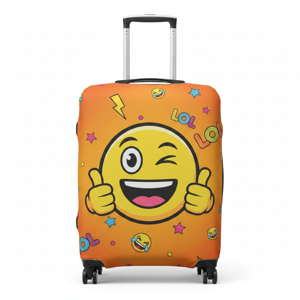 An orange luggage cover with a winking yellow emoji face giving two thumbs up, surrounded by colorful stars and customizable text, shown on a white background.