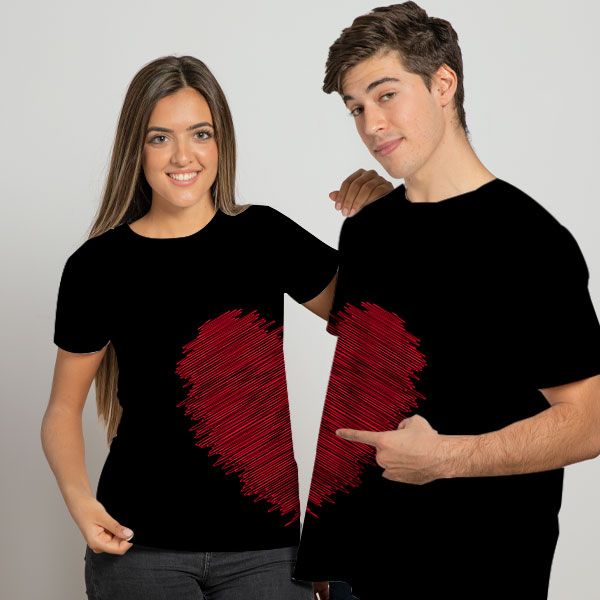 Couple's T-Shirt Set - Broken Heart Halves Red Sketch Black