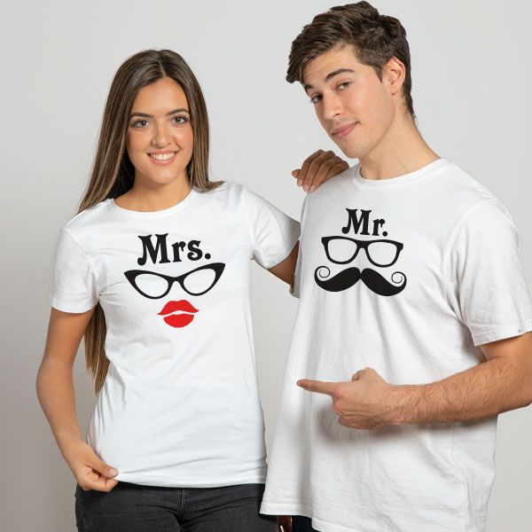 Couple's T-Shirt Set - Mr Mrs Hipster Glasses Mustache Lips White Black Red