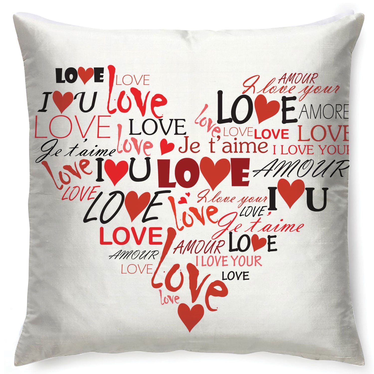 Love Typography Heart Cushion – Multilingual Love Quote Design