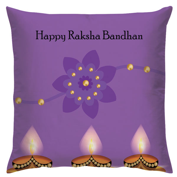 Happy Raksha Bandhan Cushion – Purple Rakhi & Diya Design