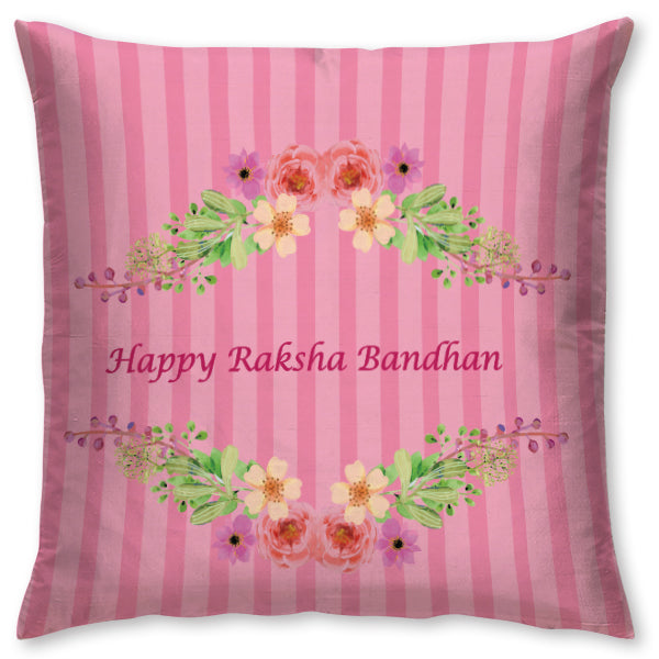 Happy Raksha Bandhan Cushion – Pink Floral Wreath Design