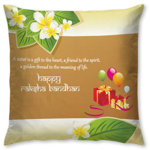 Happy Raksha Bandhan Cushion – Sister Quote Golden Floral Design