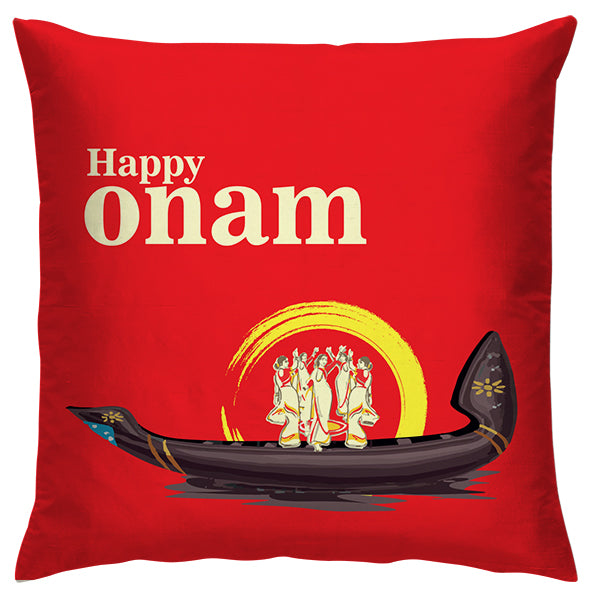 Happy Onam Cushion – Snake Boat & Thiruvathira Dancers Design