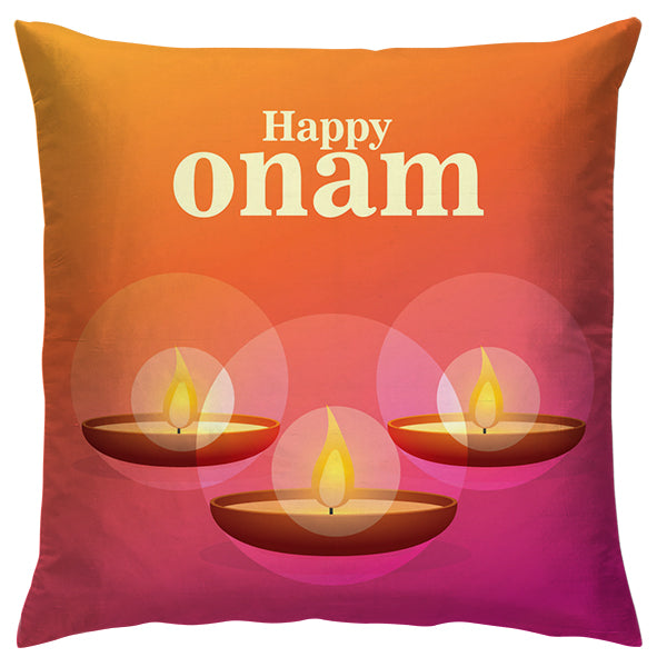 Happy Onam Cushion – Three Diyas Gradient Design