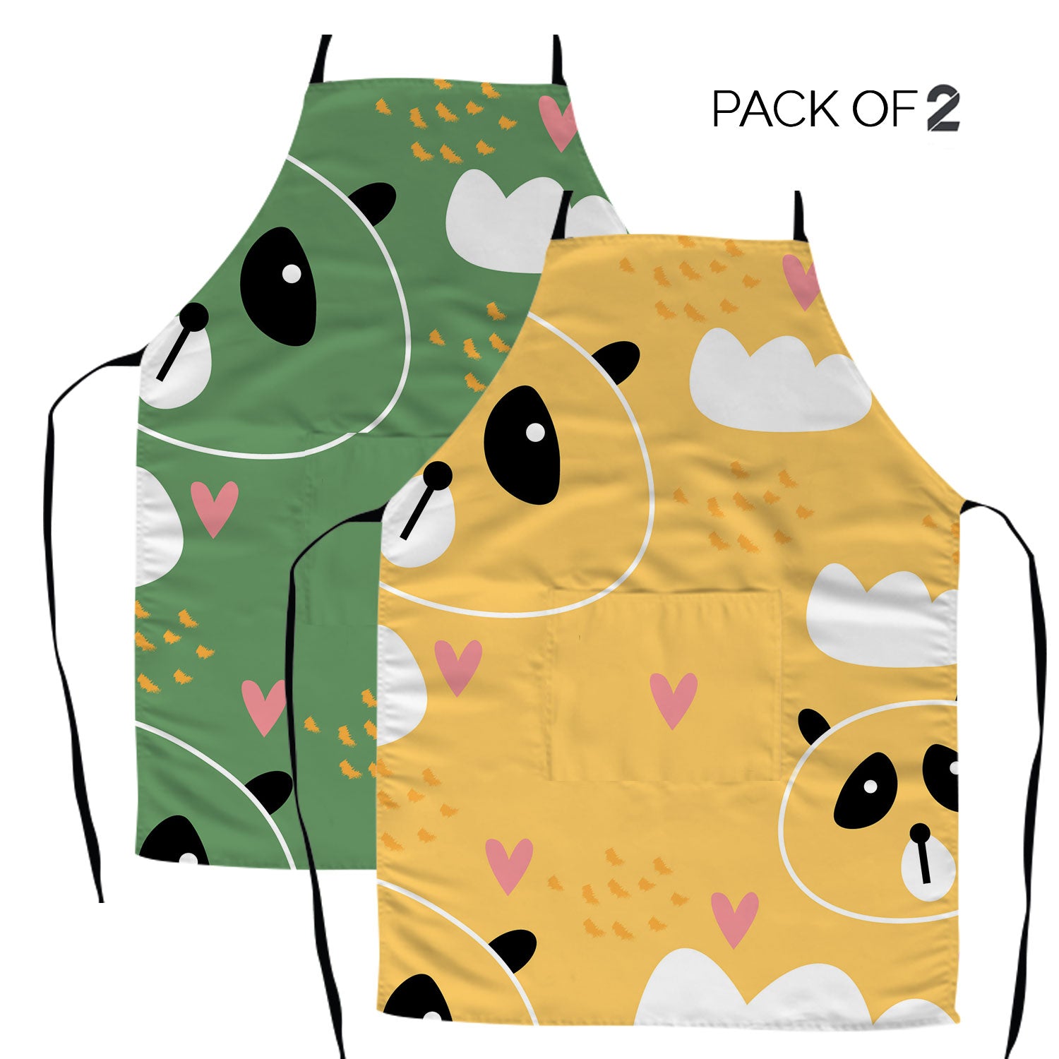 Panda Hearts Kids Apron | Pack of 2 | Yellow & Green