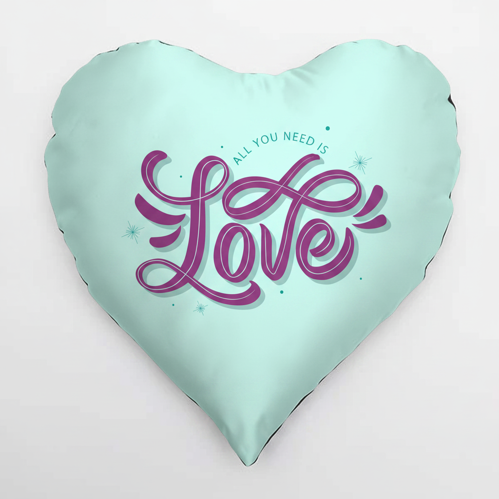 All You Need Is Love Heart Cushion – Mint Teal with Purple Calligraphy