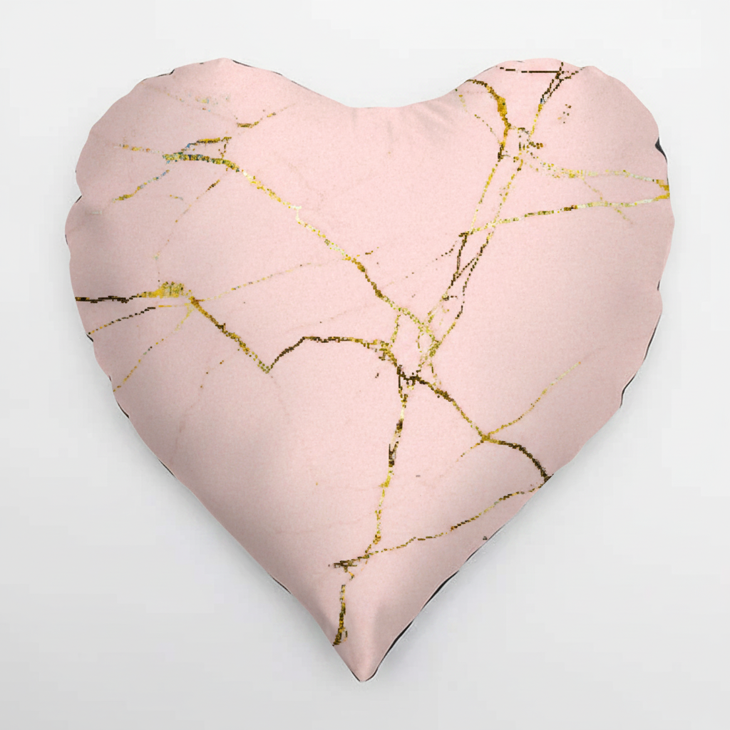 Heart Cushion – Pink Marble with Gold Veining Design