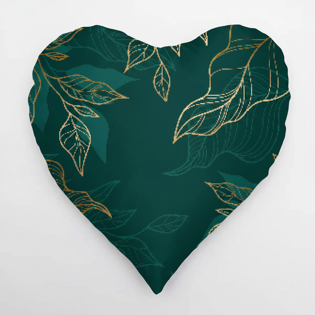 A heart-shaped throw pillow featuring a dark green background with a metallic gold leaf pattern, shown against a plain white background.