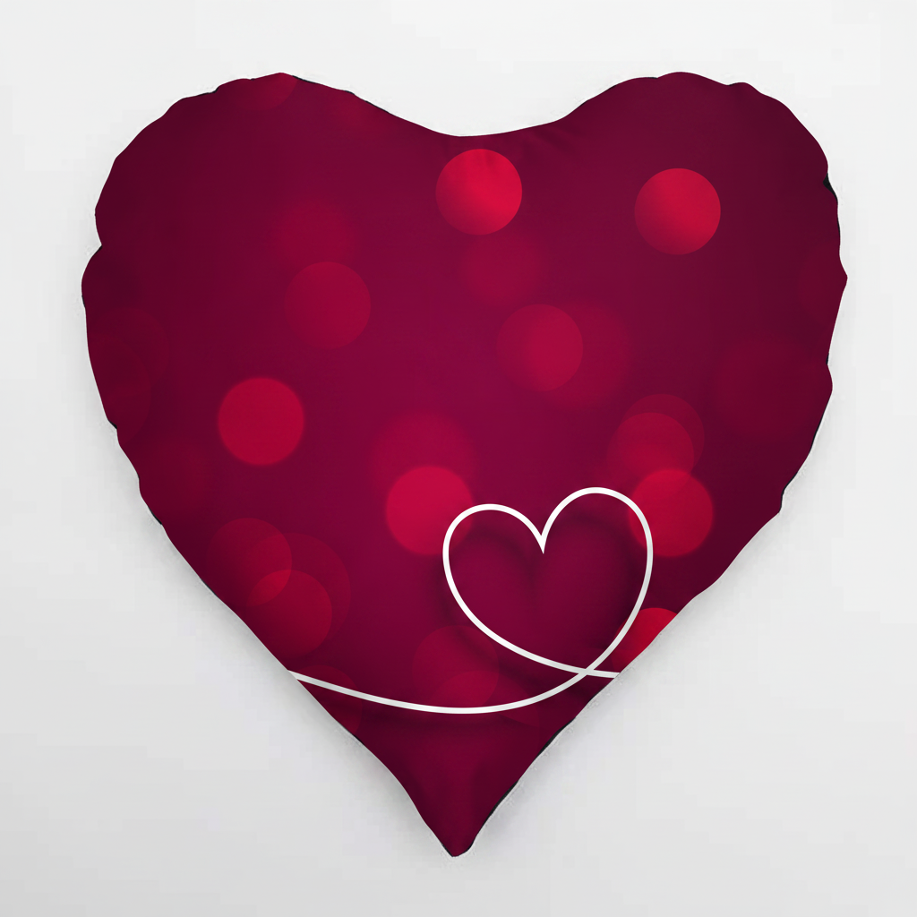 Heart Cushion – Deep Red Bokeh with White Heart Outline Design