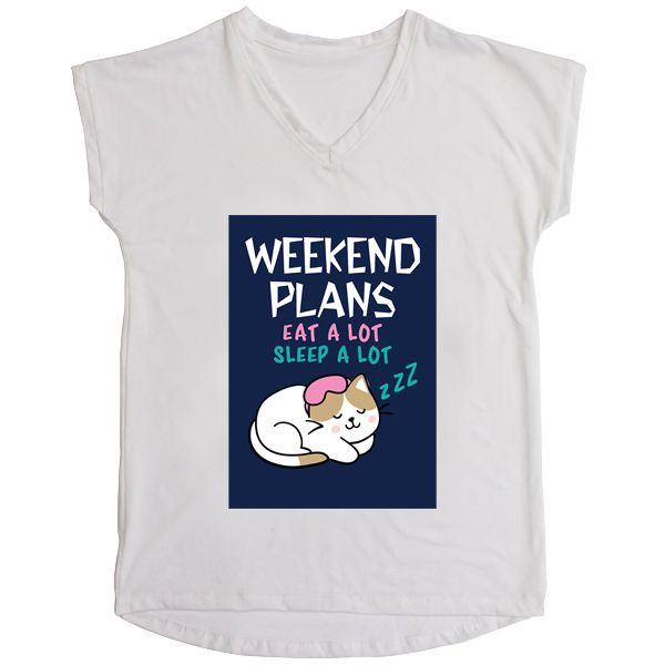 Women's T-Shirt - Weekend Plans Eat Sleep Cat Navy White V-Neck A4