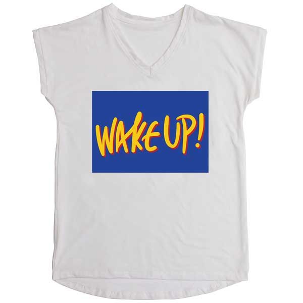 Women's T-Shirt - Wake Up Yellow Blue White V-Neck A5