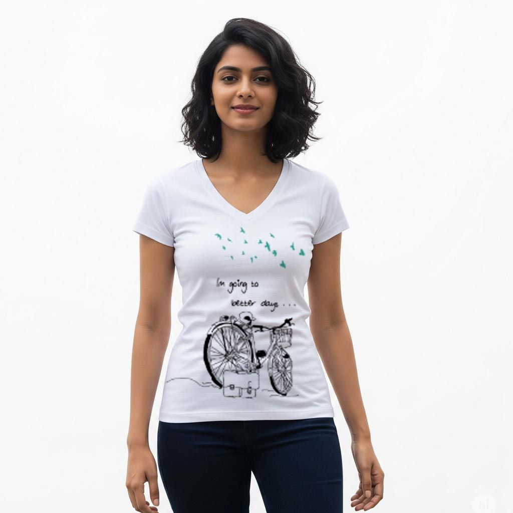 Women's Full Print T-Shirt - I'm Going To Better Days Bicycle Birds White V-Neck