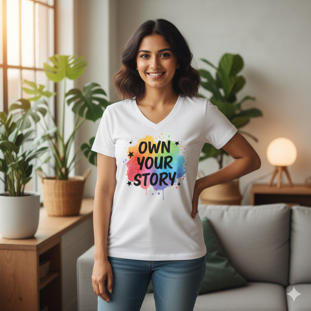 Women's T-Shirt - Own Your Story Rainbow Watercolor White Round Neck A4