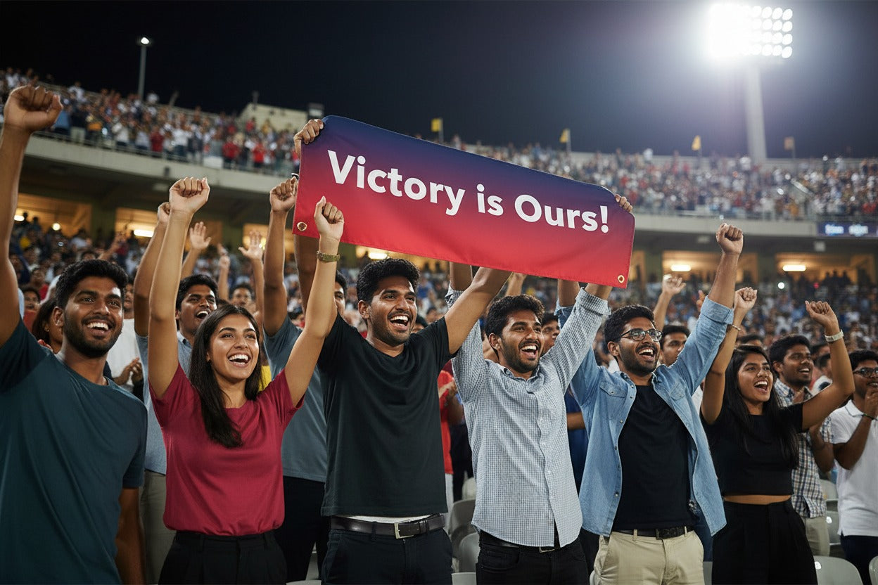 Victory is Ours! Cricket Fan Banner – Satin Finish | Personalised