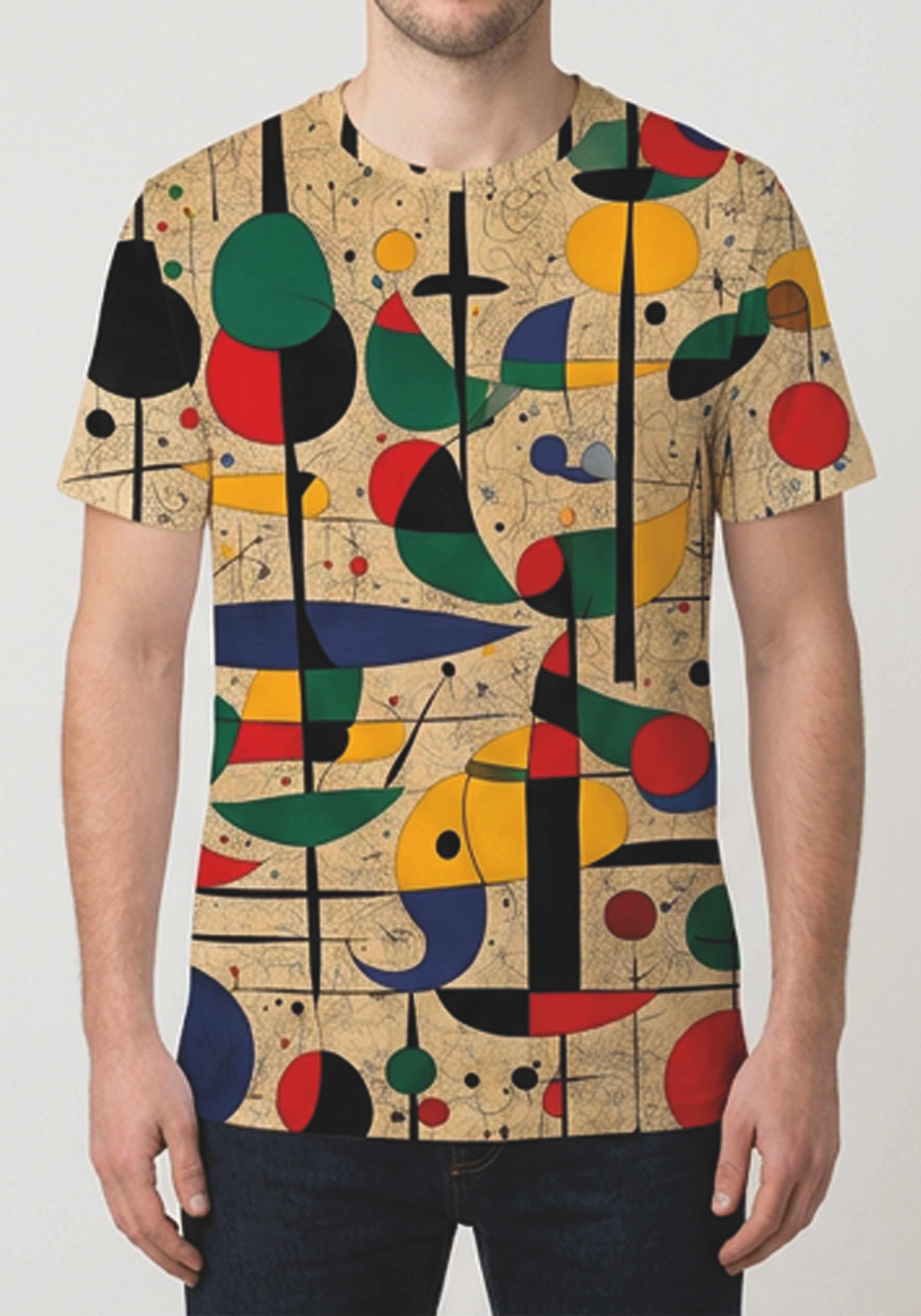 A man wearing a short-sleeve crewneck t-shirt featuring an all-over abstract geometric pattern inspired by Piet Mondrian, with red, yellow, green, and blue shapes on a beige background.
