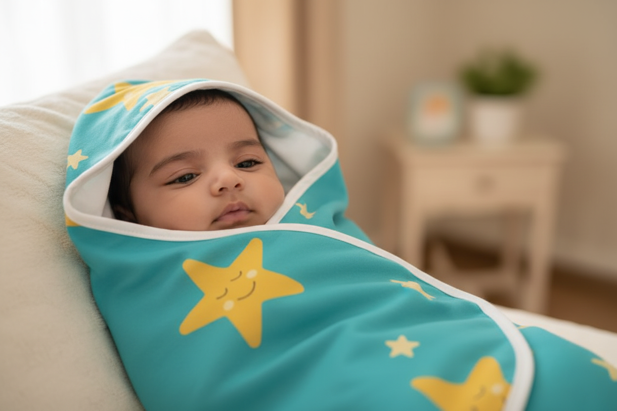 Baby wrapped in custom printed baby blanket with head covered