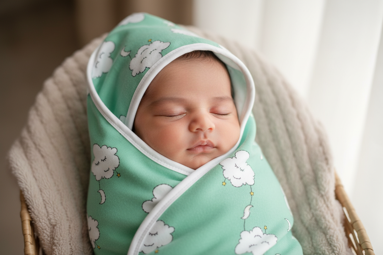 Baby wrapped in customised baby blanket with head covered