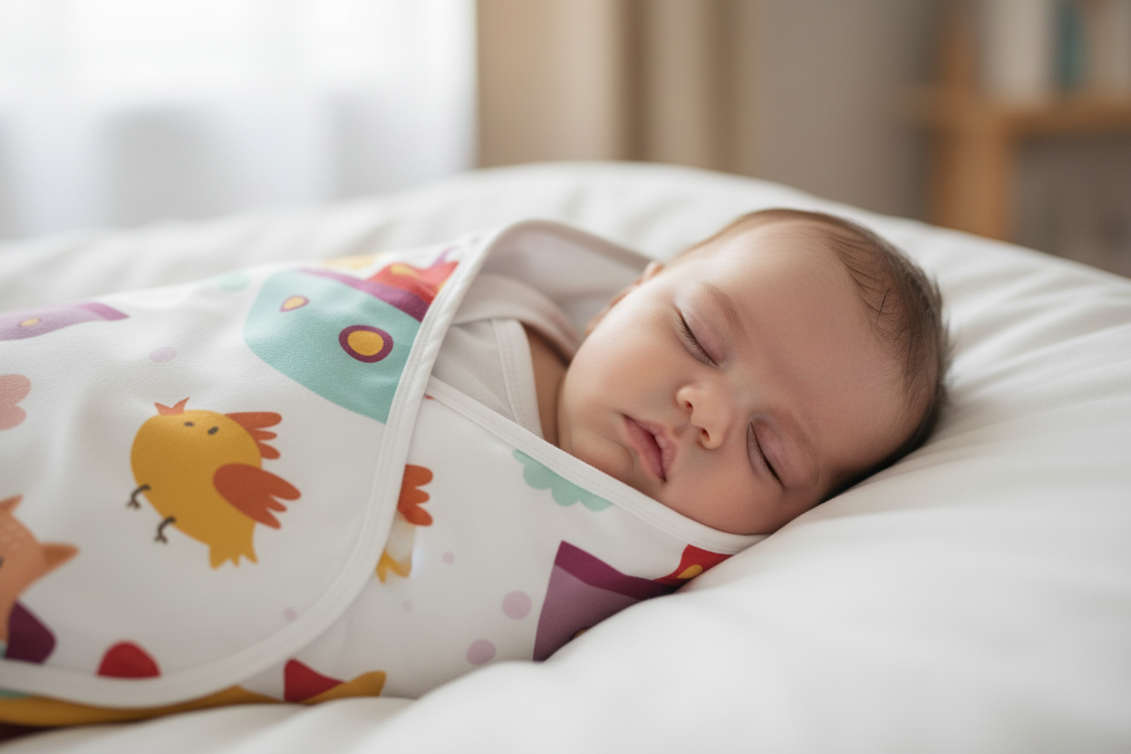 Baby wrapped in hedgehog rocket blanket