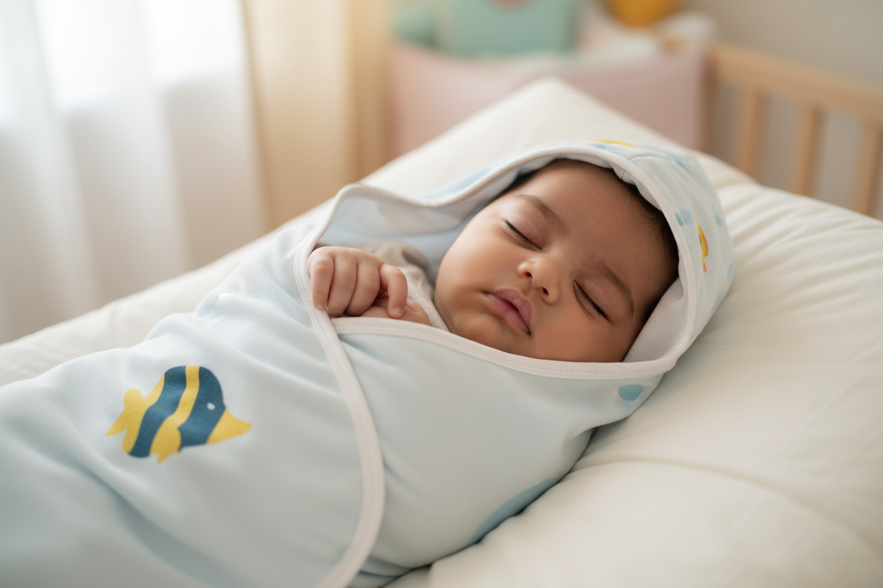 Baby wrapped in hooded ocean-themed baby blanket