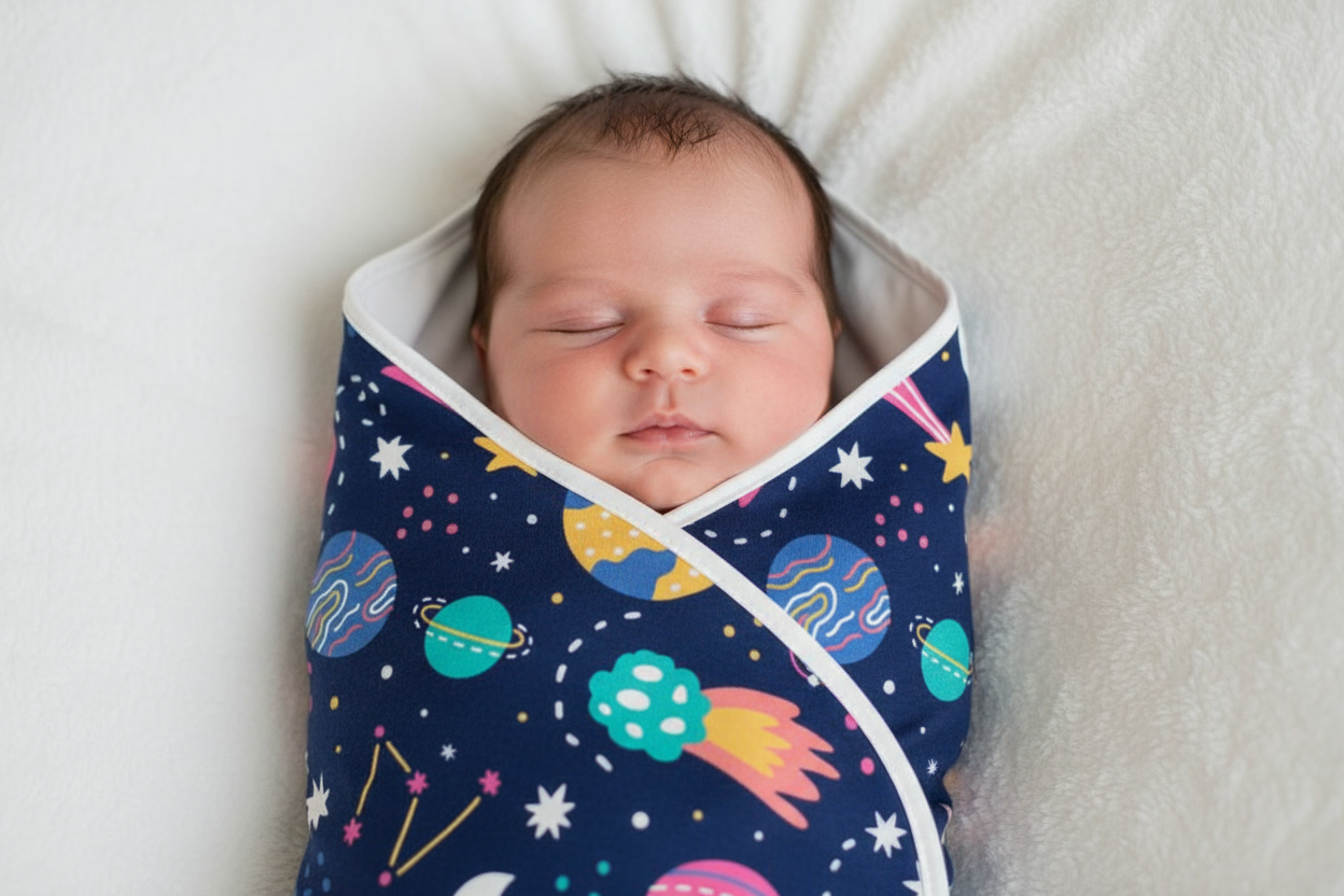 Baby wrapped in space blanket
