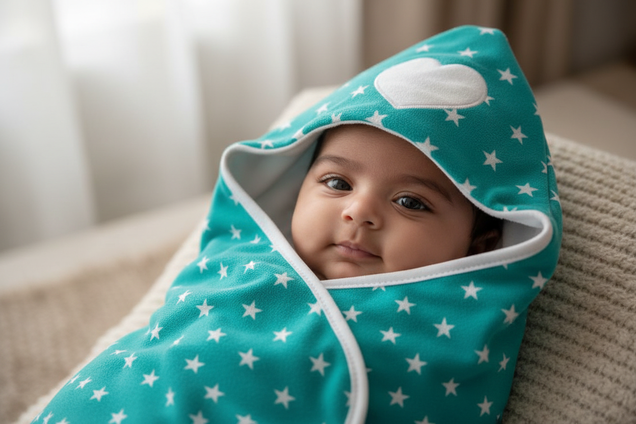 Baby wrapped in turquoise star baby blanket with hood