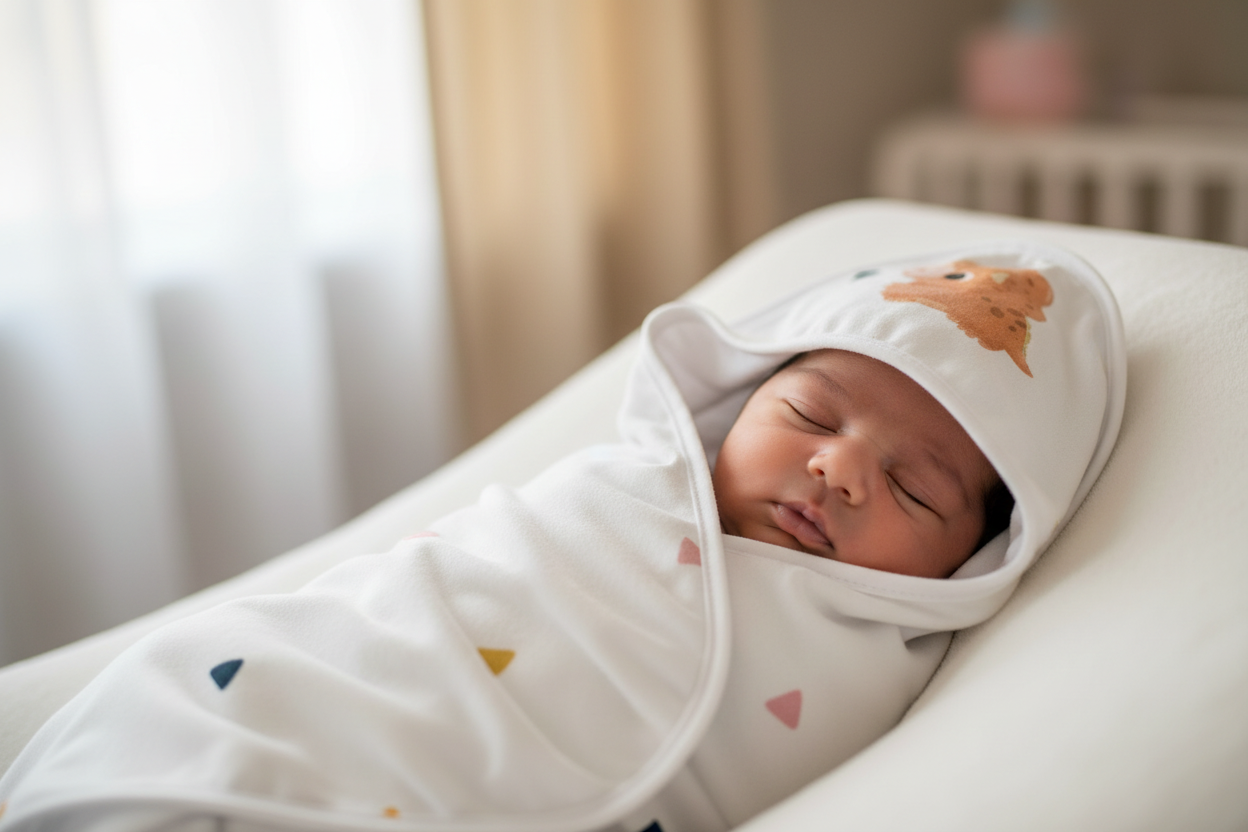 Baby wrapped in white baby blanket with colorful triangles - focus on blanket