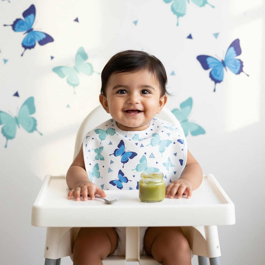 Blue Butterfly Baby Bib | White All-Over Print