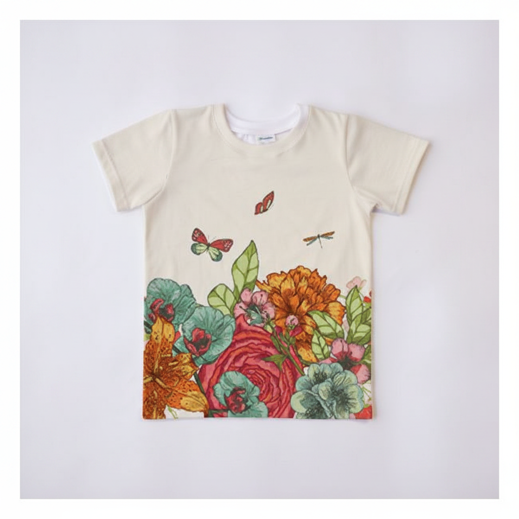 Boys T-Shirt Full Print - Wild Garden Blooms Insects Cream - front view