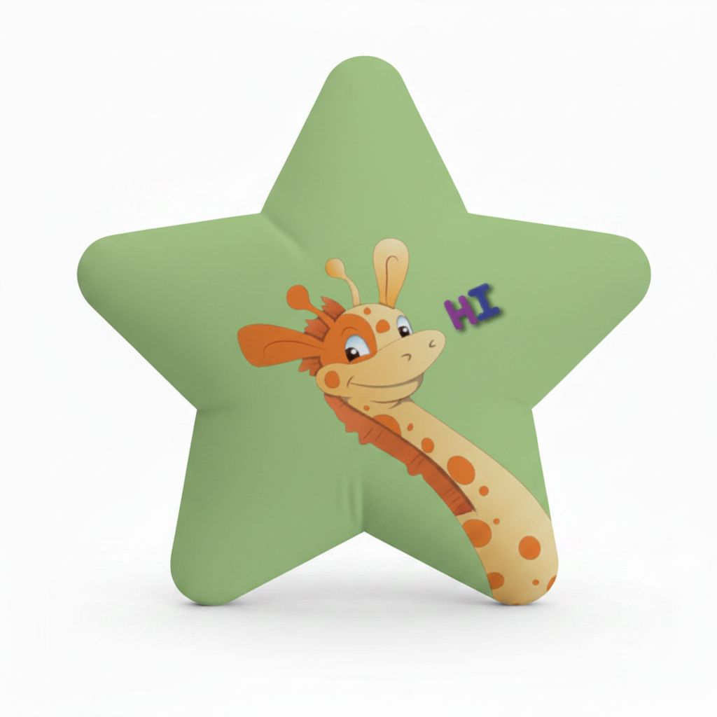 Personalised Star Shaped Cushion - Cartoon Giraffe Hi Green Custom Printed Satin With Filler - front view