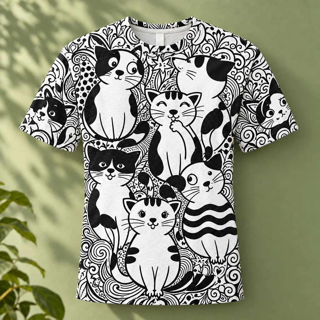 Cat Doodle Full Print T-Shirt – Sage Green