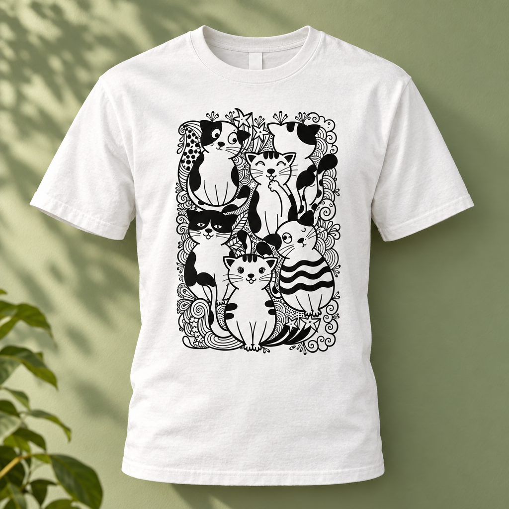 Cat Doodle T-Shirt – Sage Green Background