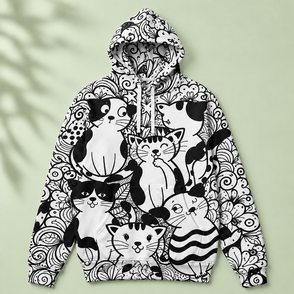 Cat-print hoodie with pale green leafy-shadow background