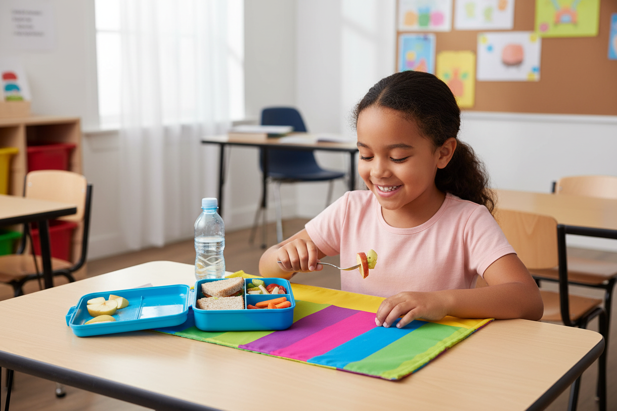 Child with meal mat and lunch box at school
