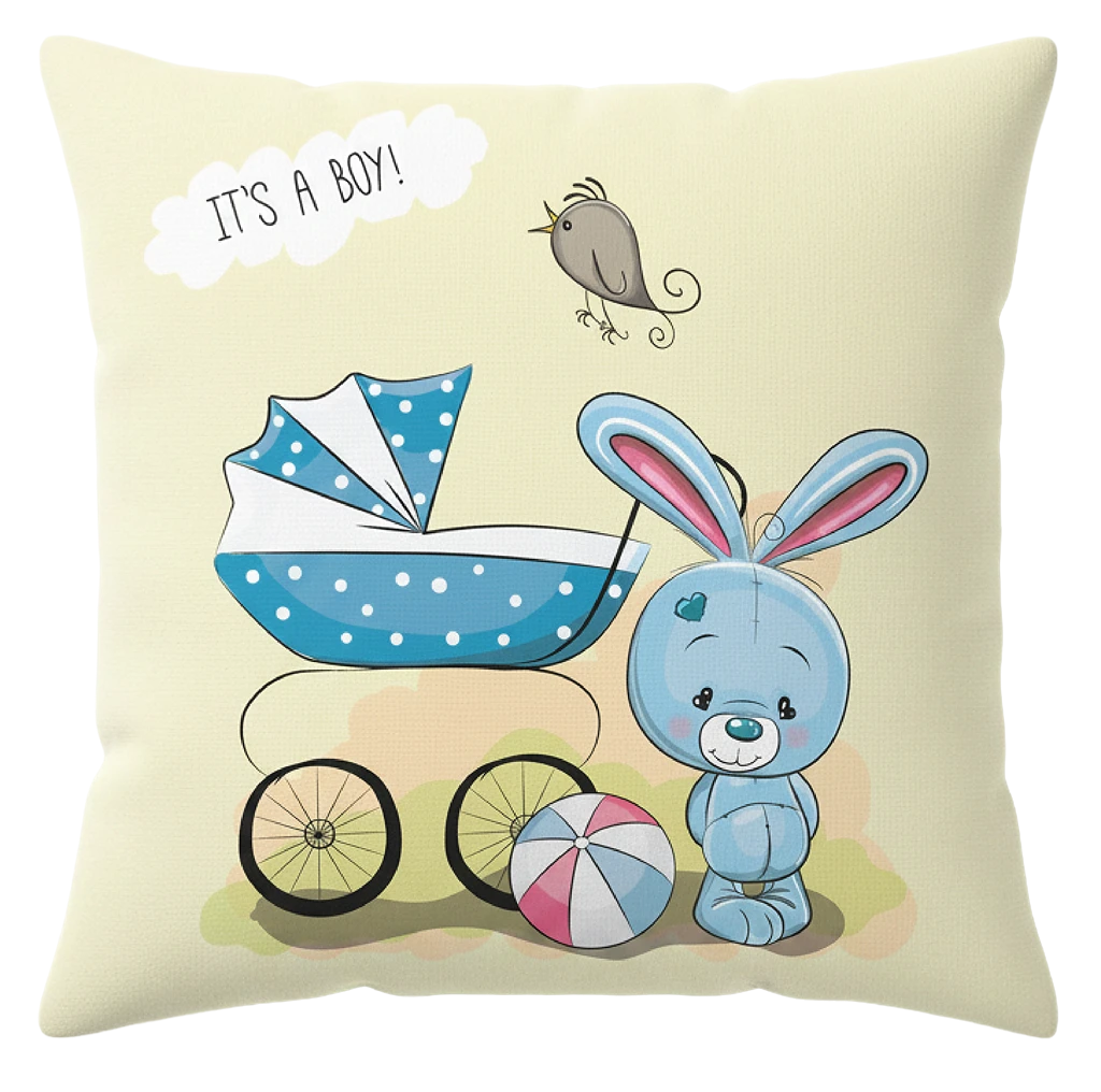 It's a Boy Cushion – Baby Shower Gift | Cute Bunny & Pram Design