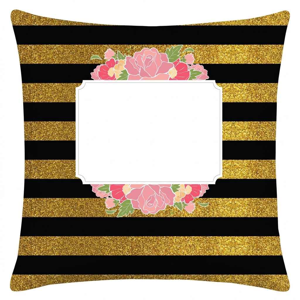 Personalised Cushion – Black & Gold Glitter Stripes with Floral Design