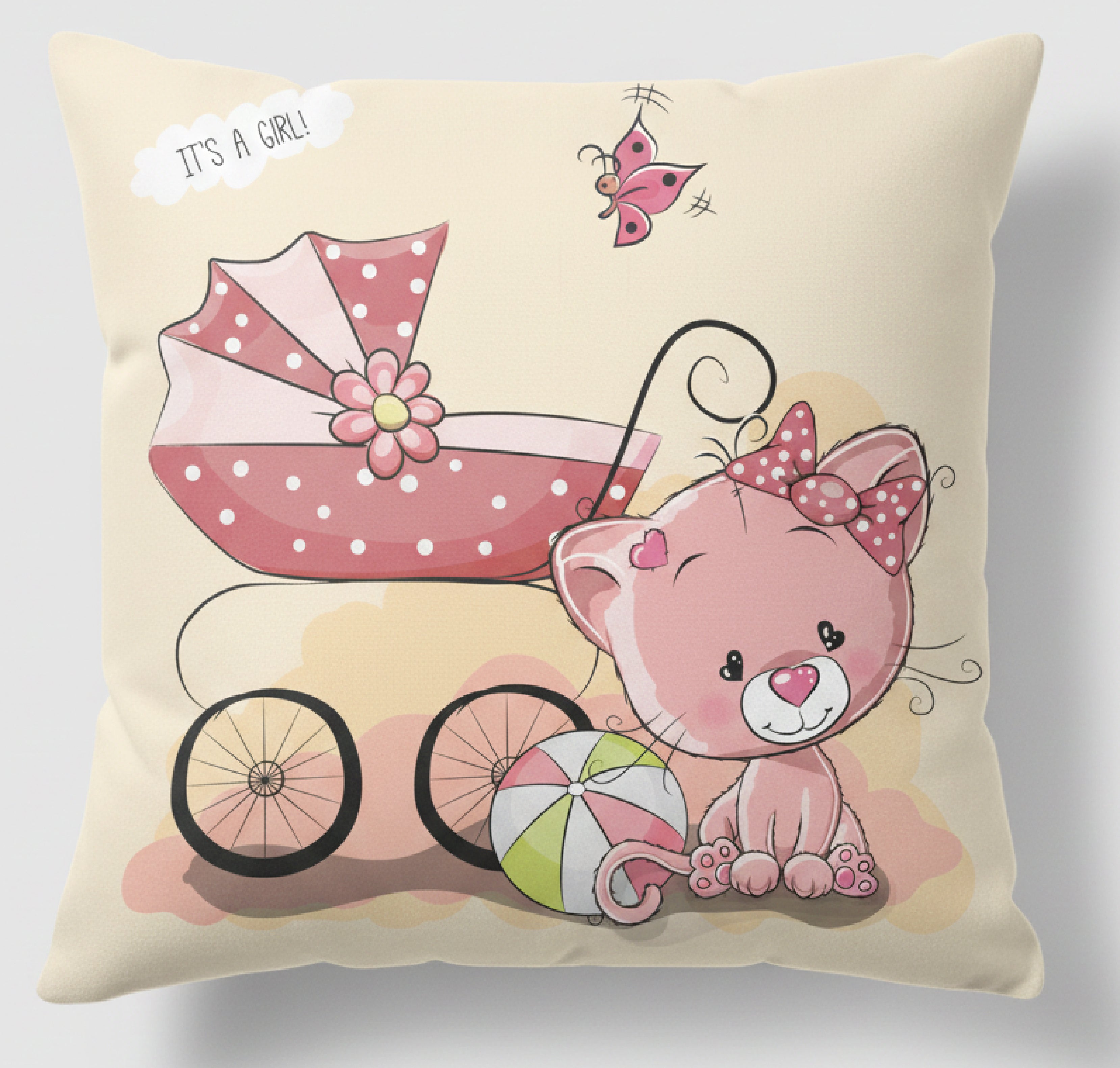 It's a Girl Cushion – Baby Shower Gift | Cute Kitten & Pram Design