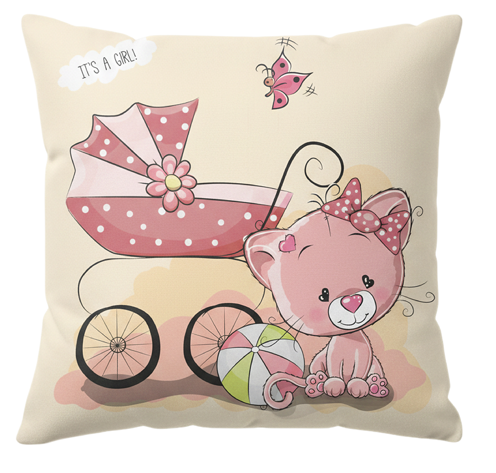 It's a Girl Cushion – Baby Shower Gift | Cute Kitten & Pram Design